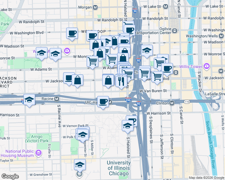 map of restaurants, bars, coffee shops, grocery stores, and more near 329 South Peoria Street in Chicago