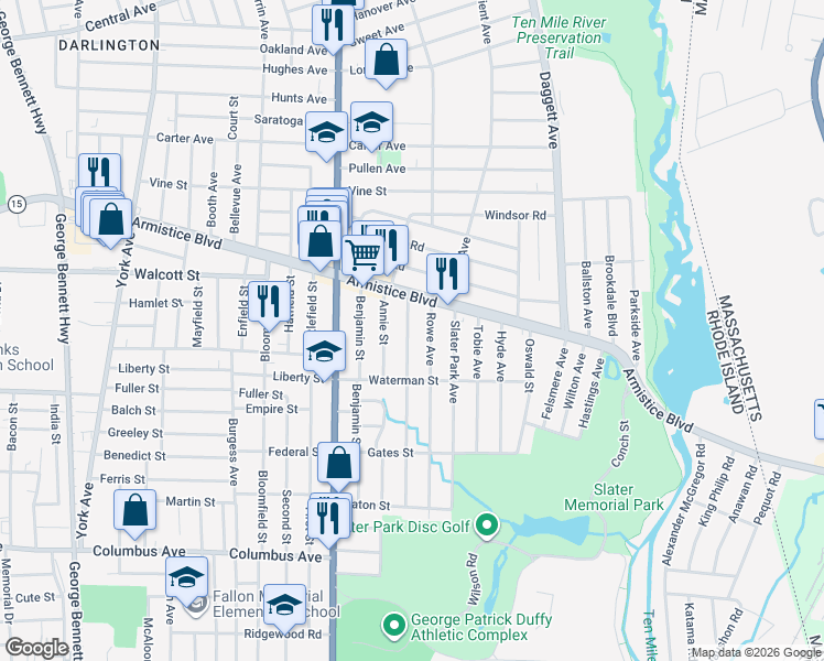 map of restaurants, bars, coffee shops, grocery stores, and more near 42 Annie Street in Pawtucket