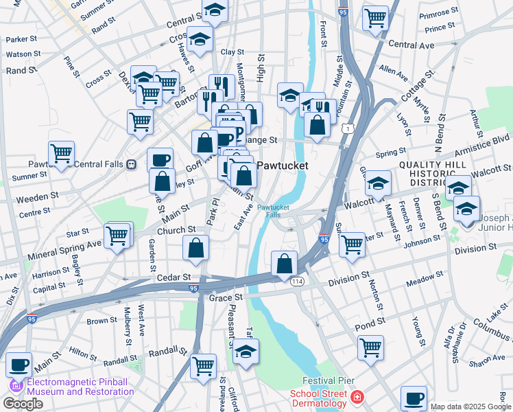 map of restaurants, bars, coffee shops, grocery stores, and more near in Pawtucket