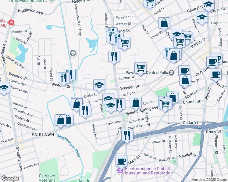 map of restaurants, bars, coffee shops, grocery stores, and more near 358 Weeden Street in Pawtucket