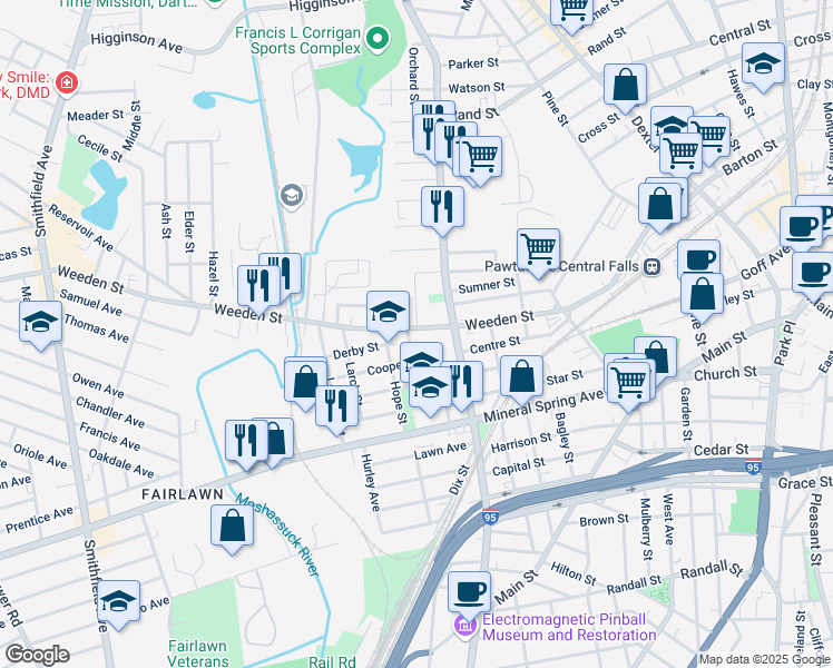 map of restaurants, bars, coffee shops, grocery stores, and more near in Pawtucket