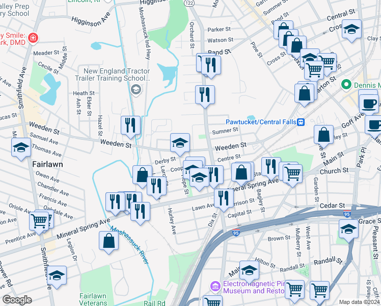 map of restaurants, bars, coffee shops, grocery stores, and more near in Pawtucket