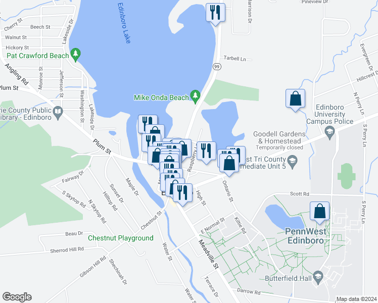 map of restaurants, bars, coffee shops, grocery stores, and more near 100 Cove Drive in Edinboro