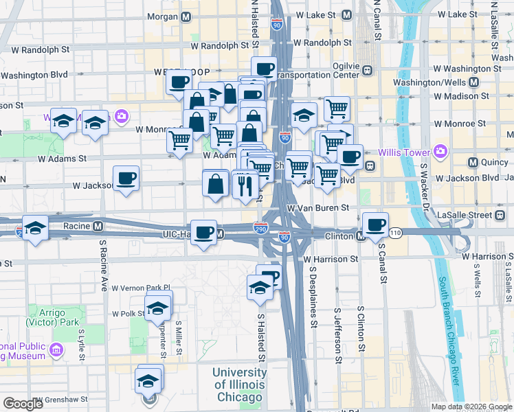 map of restaurants, bars, coffee shops, grocery stores, and more near 319 South Green Street in Chicago