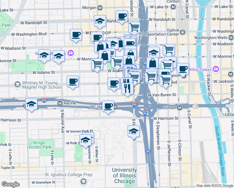 map of restaurants, bars, coffee shops, grocery stores, and more near 329 South Peoria Street in Chicago
