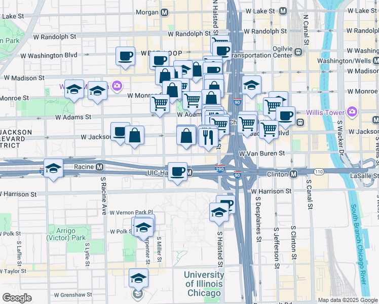 map of restaurants, bars, coffee shops, grocery stores, and more near 329 South Peoria Street in Chicago