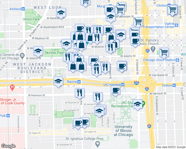 map of restaurants, bars, coffee shops, grocery stores, and more near 1101 West Jackson Boulevard in Chicago