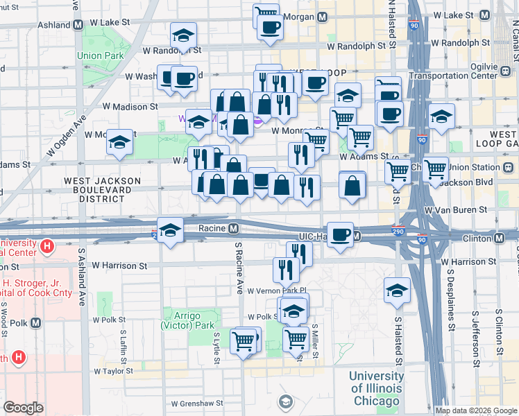 map of restaurants, bars, coffee shops, grocery stores, and more near 1101 West Jackson Boulevard in Chicago