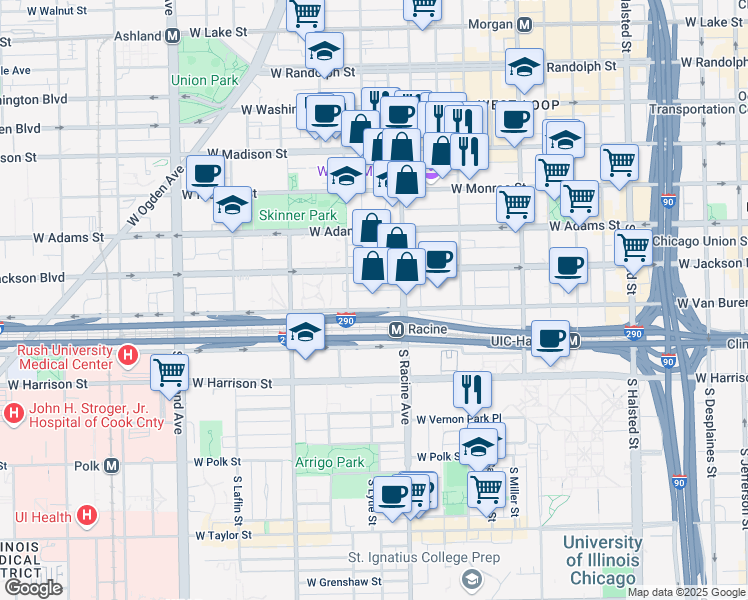 map of restaurants, bars, coffee shops, grocery stores, and more near 1224 West Van Buren Street in Chicago