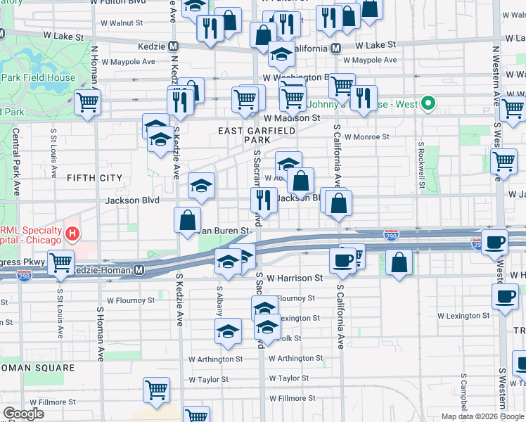 map of restaurants, bars, coffee shops, grocery stores, and more near 315 South Sacramento Boulevard in Chicago