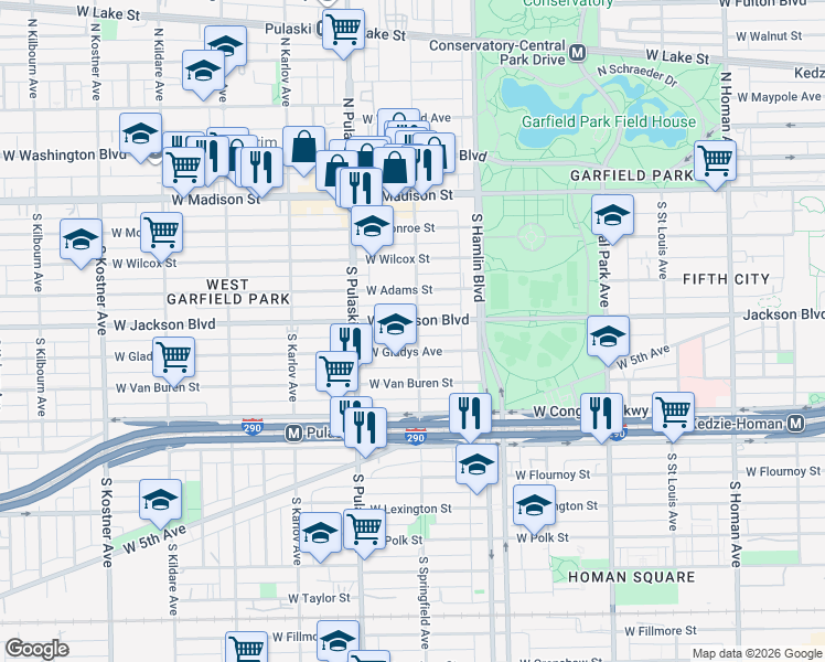 map of restaurants, bars, coffee shops, grocery stores, and more near 301 South Springfield Avenue in Chicago