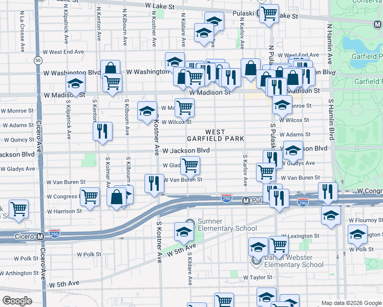 map of restaurants, bars, coffee shops, grocery stores, and more near 4241 West Jackson Boulevard in Chicago