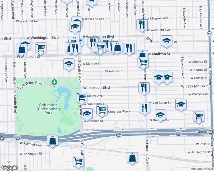 map of restaurants, bars, coffee shops, grocery stores, and more near 5426 West Jackson Boulevard in Chicago