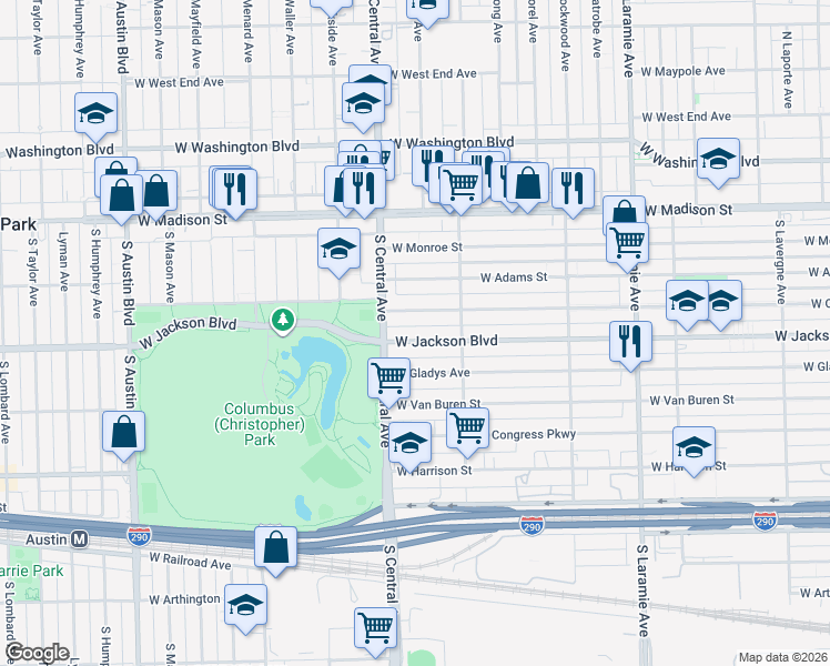 map of restaurants, bars, coffee shops, grocery stores, and more near 5542 West Jackson Boulevard in Chicago