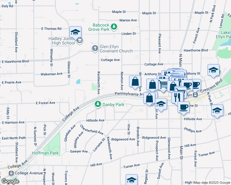 map of restaurants, bars, coffee shops, grocery stores, and more near 340 Pennsylvania Avenue in Glen Ellyn