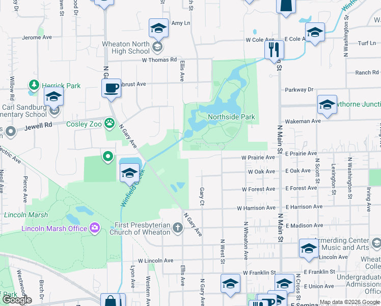 map of restaurants, bars, coffee shops, grocery stores, and more near 519 West Prairie Avenue in Wheaton