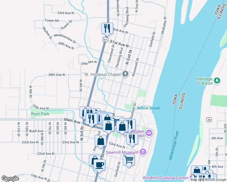 map of restaurants, bars, coffee shops, grocery stores, and more near 2714 North 2nd Street in Clinton