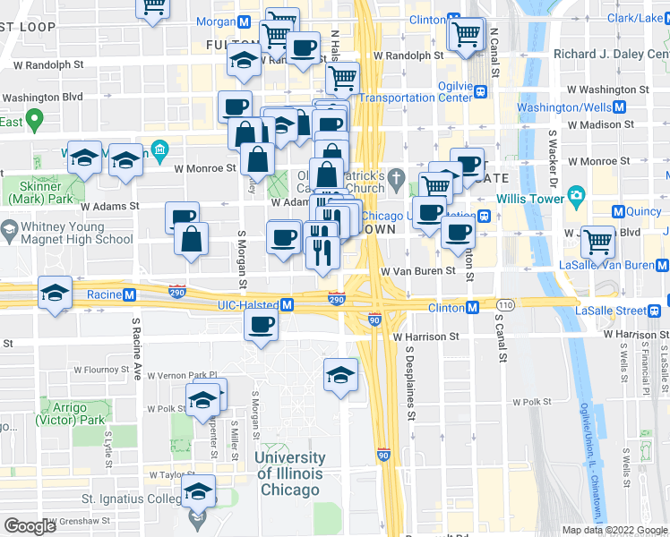 map of restaurants, bars, coffee shops, grocery stores, and more near 319 South Green Street in Chicago