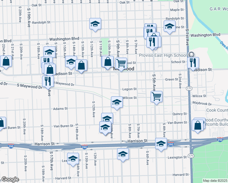 map of restaurants, bars, coffee shops, grocery stores, and more near 912 North Maywood Drive in Maywood