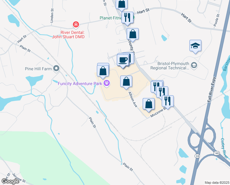 map of restaurants, bars, coffee shops, grocery stores, and more near 80 Taunton Depot Drive in Taunton