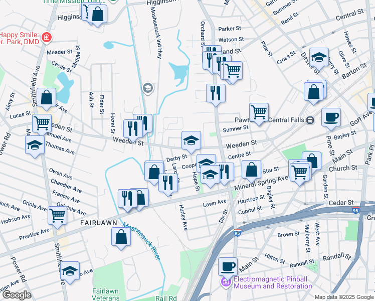 map of restaurants, bars, coffee shops, grocery stores, and more near 422 Weeden Street in Pawtucket