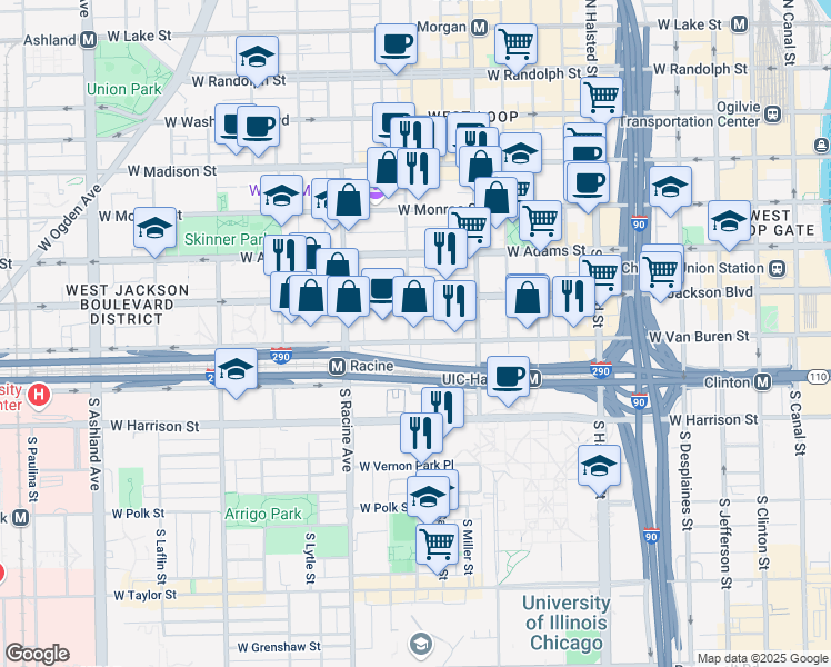 map of restaurants, bars, coffee shops, grocery stores, and more near 1060 West Van Buren Street in Chicago