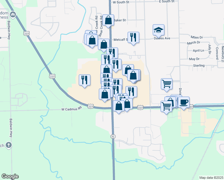 map of restaurants, bars, coffee shops, grocery stores, and more near 1357 South Main Street in Adrian