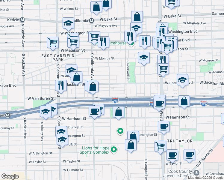 map of restaurants, bars, coffee shops, grocery stores, and more near 2644 West Gladys Avenue in Chicago
