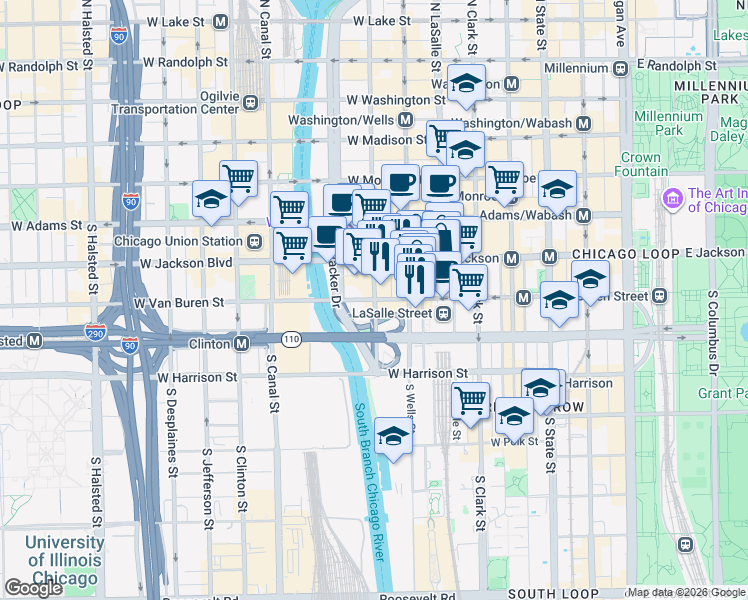 map of restaurants, bars, coffee shops, grocery stores, and more near West Van Buren Street & South Franklin Street in Chicago