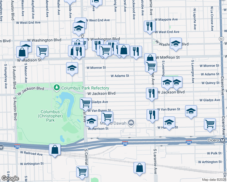 map of restaurants, bars, coffee shops, grocery stores, and more near 5426 West Jackson Boulevard in Chicago