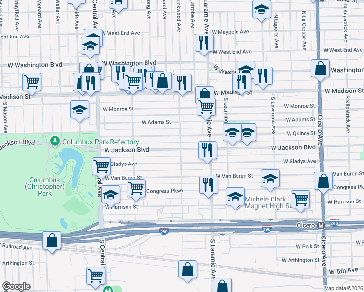 map of restaurants, bars, coffee shops, grocery stores, and more near 5262 West Jackson Boulevard in Chicago