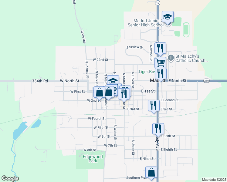 map of restaurants, bars, coffee shops, grocery stores, and more near 213 West 1st Street in Madrid