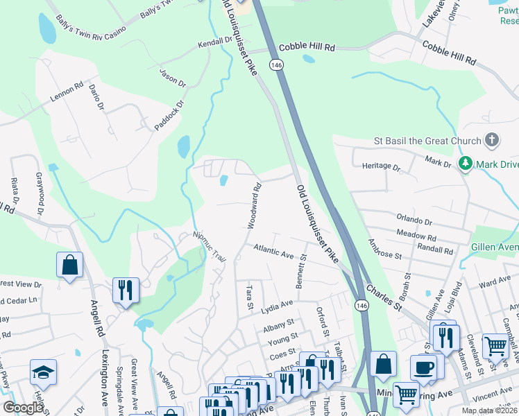 map of restaurants, bars, coffee shops, grocery stores, and more near 34 Woodward Road in Lincoln