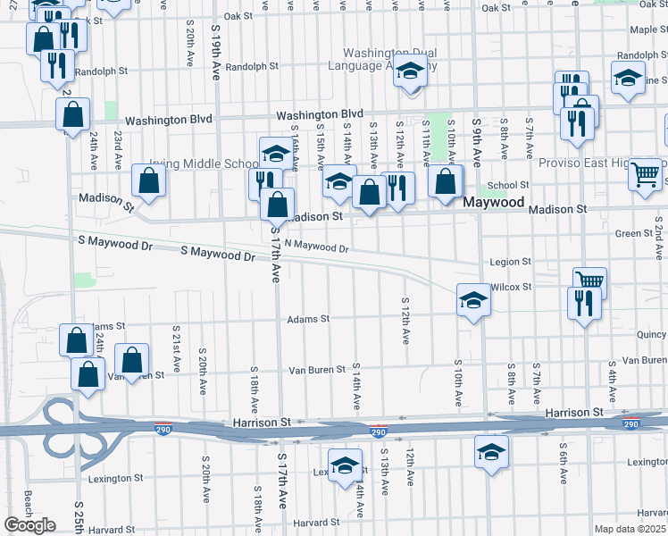 map of restaurants, bars, coffee shops, grocery stores, and more near 1201 South 15th Avenue in Maywood