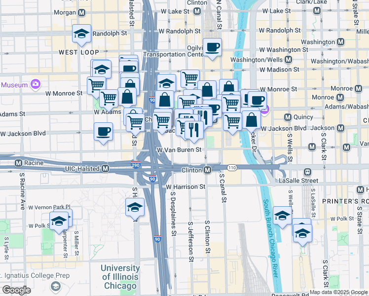 map of restaurants, bars, coffee shops, grocery stores, and more near 102 South Jefferson Street in Chicago