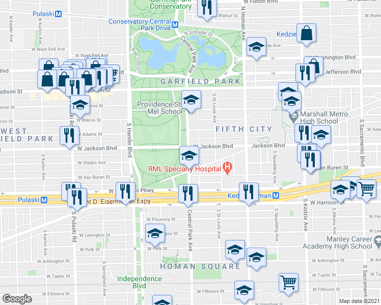 map of restaurants, bars, coffee shops, grocery stores, and more near 305 South Central Park Avenue in Chicago