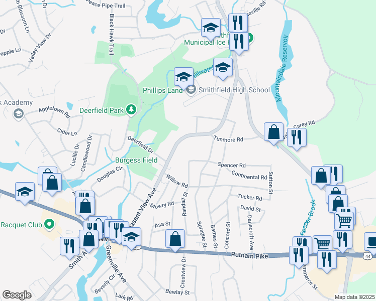 map of restaurants, bars, coffee shops, grocery stores, and more near 63 Pleasant View Avenue in Smithfield