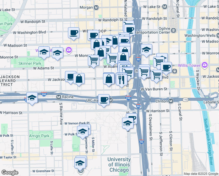 map of restaurants, bars, coffee shops, grocery stores, and more near 900 West Van Buren Street in Chicago