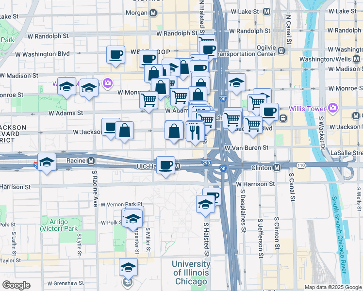 map of restaurants, bars, coffee shops, grocery stores, and more near 329 South Peoria Street in Chicago