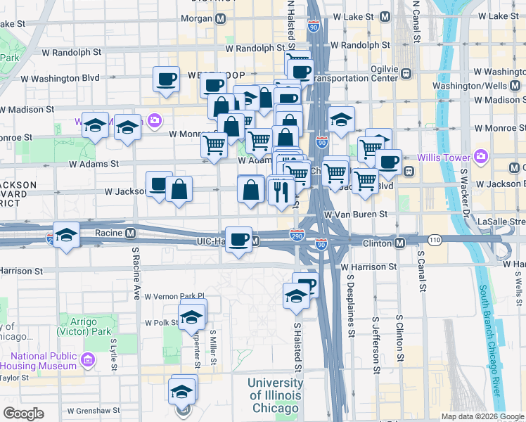 map of restaurants, bars, coffee shops, grocery stores, and more near 329 South Peoria Street in Chicago