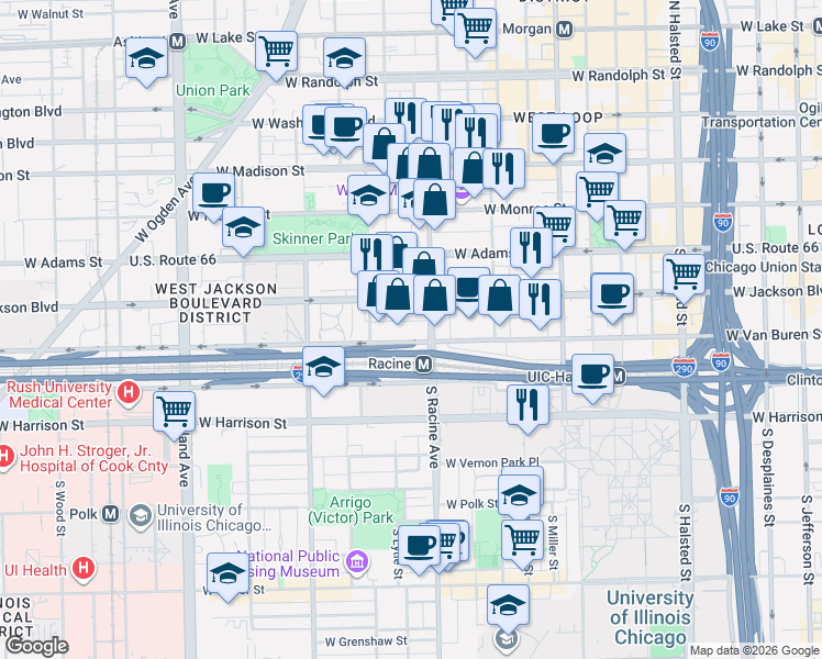 map of restaurants, bars, coffee shops, grocery stores, and more near 1224 West Van Buren Street in Chicago