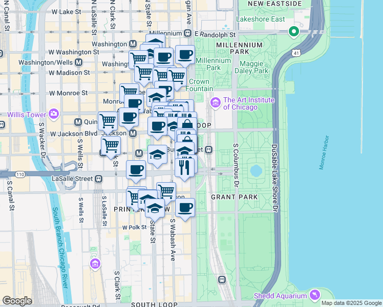 map of restaurants, bars, coffee shops, grocery stores, and more near 410 South Michigan Avenue in Chicago