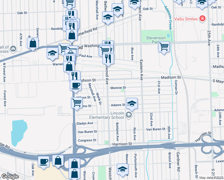map of restaurants, bars, coffee shops, grocery stores, and more near 3610 Monroe Street in Bellwood
