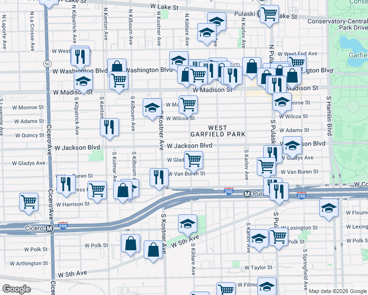 map of restaurants, bars, coffee shops, grocery stores, and more near 4311 West Jackson Boulevard in Chicago