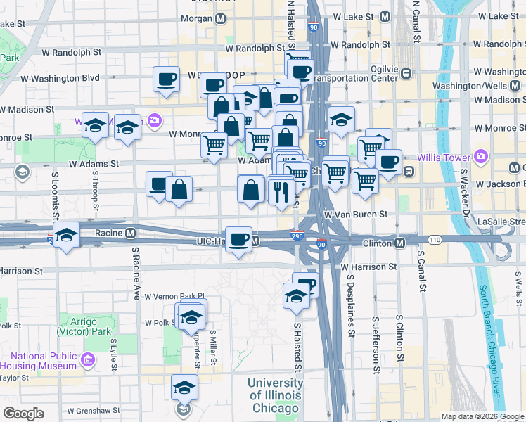 map of restaurants, bars, coffee shops, grocery stores, and more near 331 South Peoria Street in Chicago