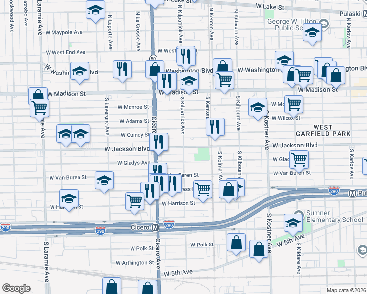map of restaurants, bars, coffee shops, grocery stores, and more near West Jackson Boulevard & South Kilpatrick Avenue in Chicago