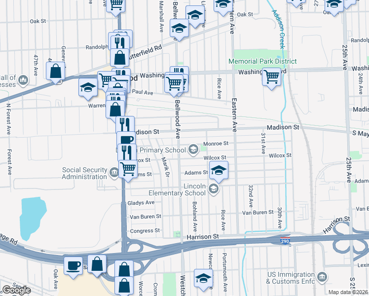 map of restaurants, bars, coffee shops, grocery stores, and more near 3612 Monroe Street in Bellwood