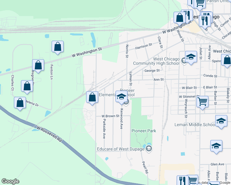 map of restaurants, bars, coffee shops, grocery stores, and more near 511 Lincoln Avenue in West Chicago