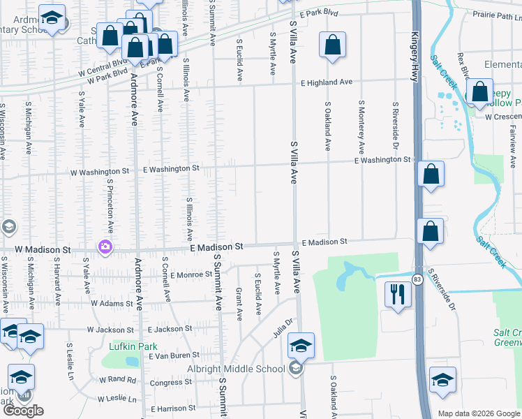 map of restaurants, bars, coffee shops, grocery stores, and more near 705 South Euclid Avenue in Villa Park