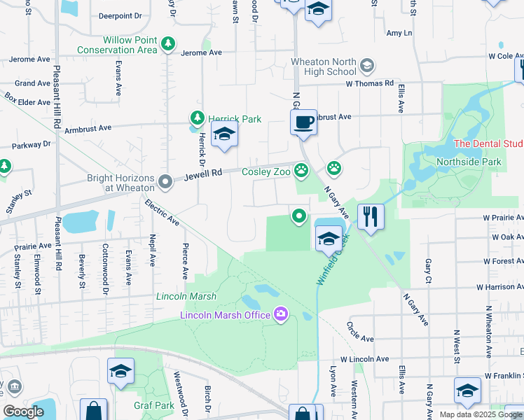 map of restaurants, bars, coffee shops, grocery stores, and more near 1142 Wheaton Oaks Drive in Wheaton